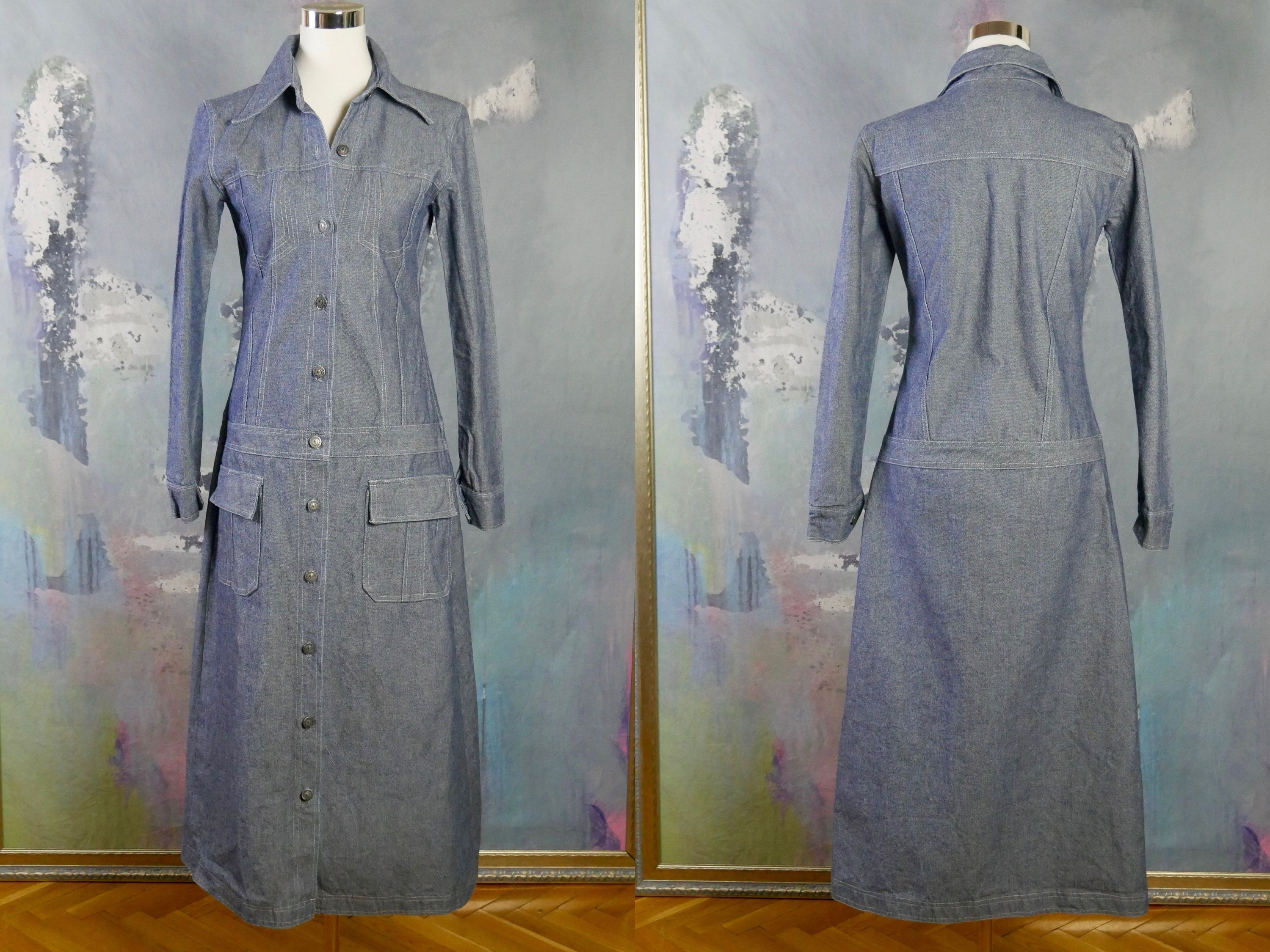 Long Denim Coat, 1990S European Vintage Size 2/4 Us, 6/8 Uk
