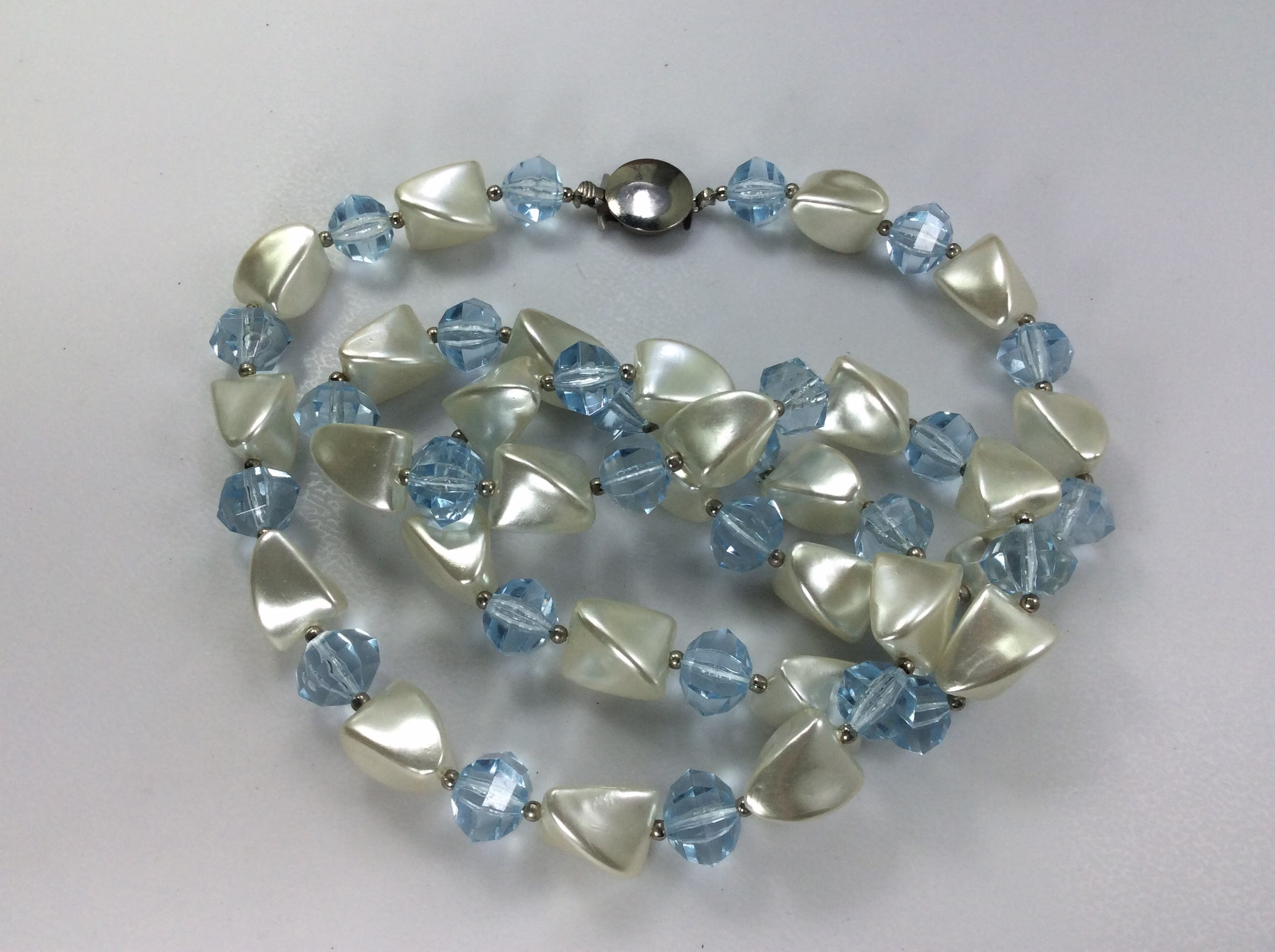 Vintage 30" Necklace With White Pearly & Blue Plastic Beads Used