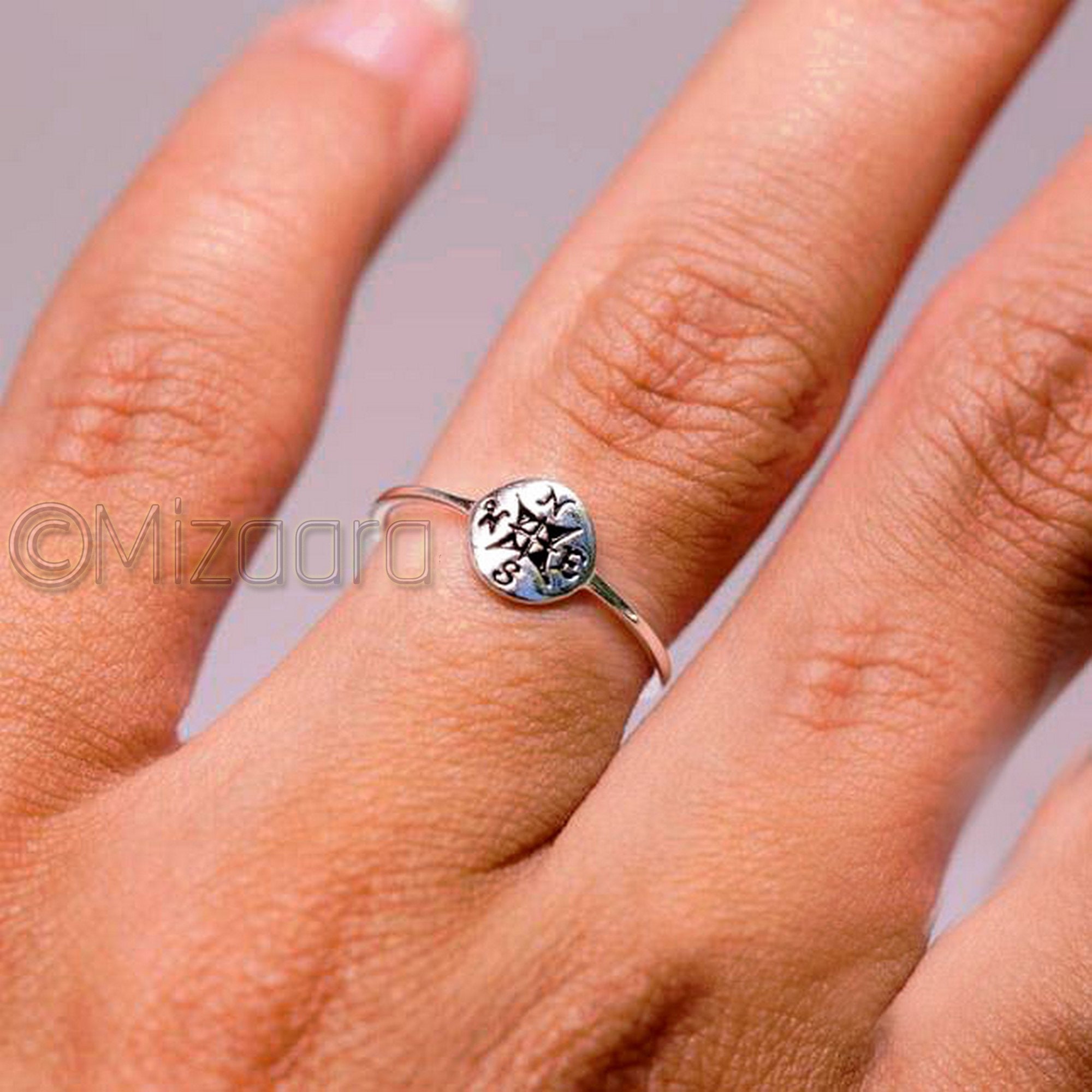 sterling Silver Mini Compass Ring, Traveler's Graduation Destination Small Disc Dainty Tiny Everyday Light