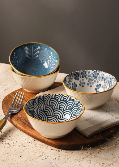 Asian Porcelain Blue, White Rice Serving Bowl Set | Japanese Style Floral Tableware Handpainted Geometric Design Dishware