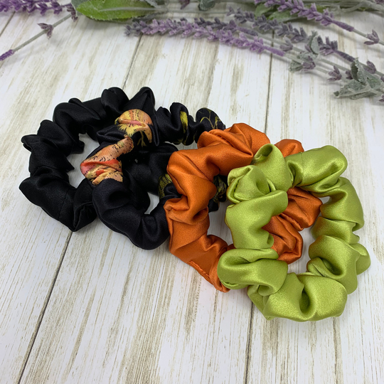 Real Silk Skinny Scrunchies. Mulberry Hair Ties With Double Elastic. Vintage Print Pure