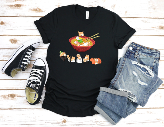 Shiba Inu/Akita Shirt, Unisex Soft T-Shirt 100% Cotton. Funny Sushi & Ramen Chubby Style Illustrations Of Shiba/Akita Dog