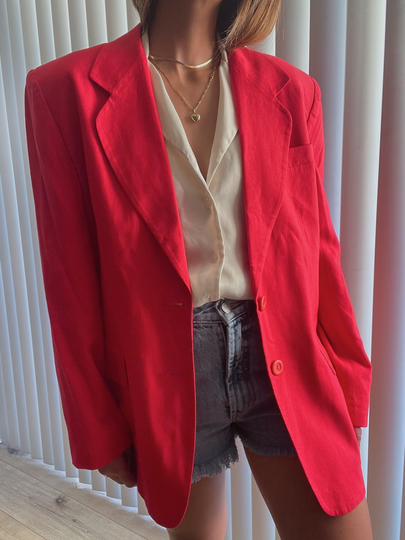 Vintage 90S Coral Red Linen Blend Blazer | Super Soft Minimal Everyday On Trend 1990S - 1980S