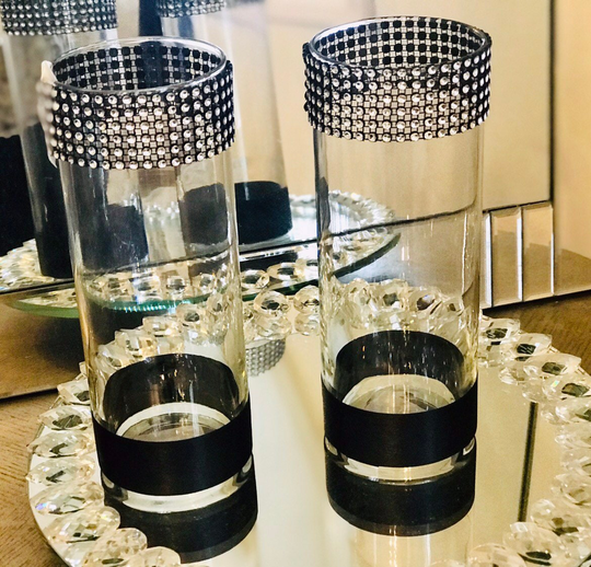 12 Wedding Centerpieces, Silver/Black Black & Shimmering Silver Bling On Top Ribbon Bottom, Shower, Anniversary Party Decor