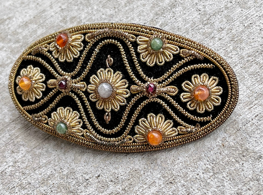 Reserved Annette Beautiful Hand Crafted Gold Thread Gemstone Velvet Antique Victorian Vintage Hair Barrette