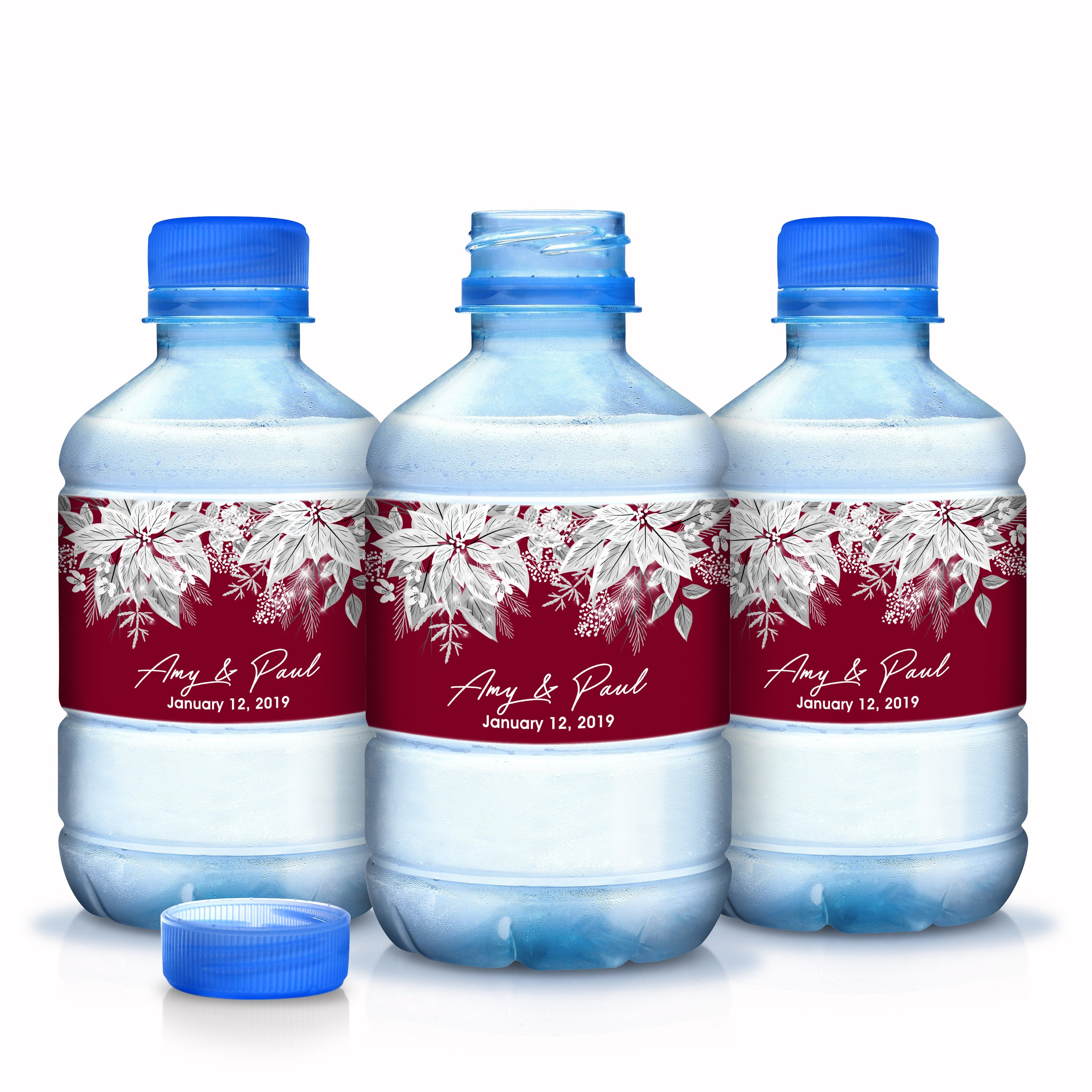 30 Wedding Water Bottle Labels - Custom Winter Decor Favors White Poinsettia