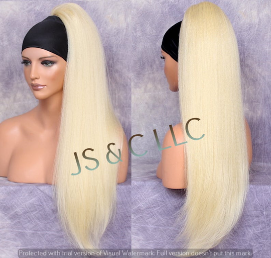 Bleached Blonde Mix 28" Human Hair Blend Ponytail Hair Extension Textured Full Straight Drawstring Cancer Alopecia Theater Cosplay