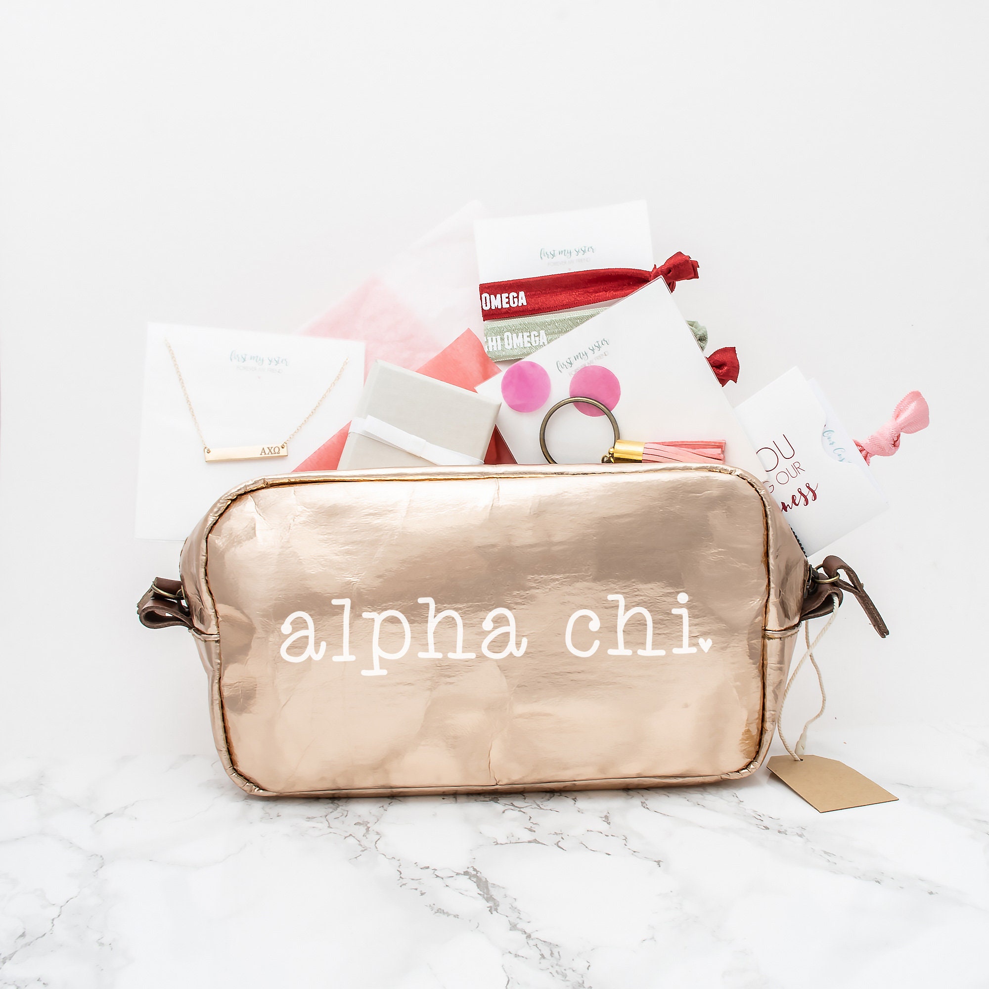 Alpha Chi Omega Gift Set, Axo Sorority Bundle, A O Greek Pack With Bag, Bar Necklace, Rings, Hair Ties & Keychain