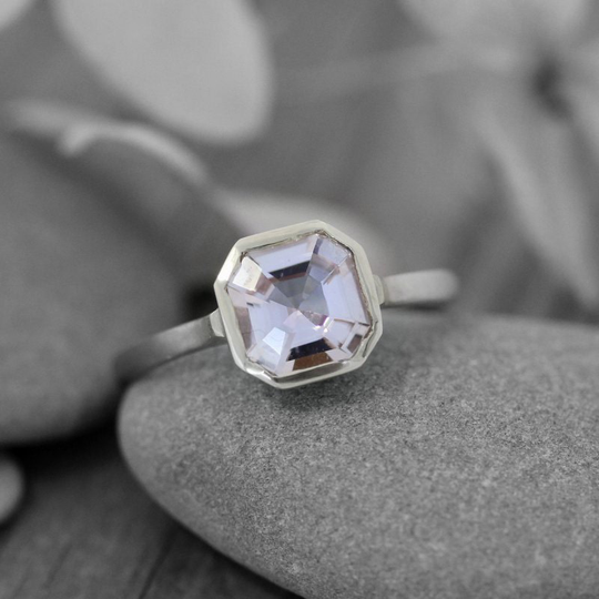 14K Palladium White Gold, Morganite Gemstone Ring, Asscher Cut Morganite, Non Diamond Octagonal Engagement Ring