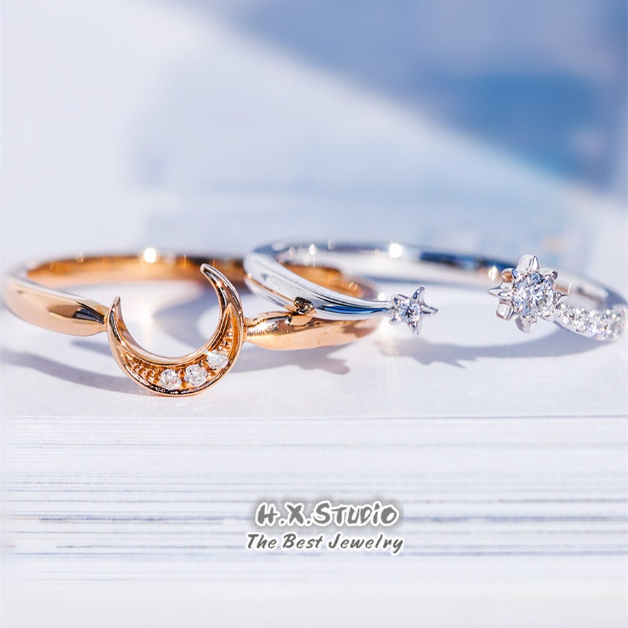 Crescent Moon & Star Diamond 2 Rings Set in 18K Gold/2 Piece Set/Custom Jewelry/Personalization Design/Gift For Her/Wedding Ring