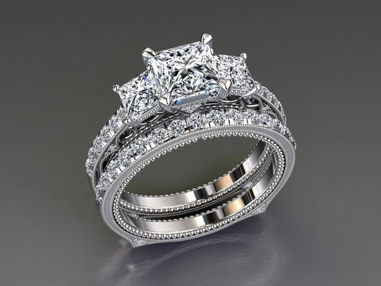 Princess Cut Moissanite & Diamond Engagement Wedding Set in Platinum