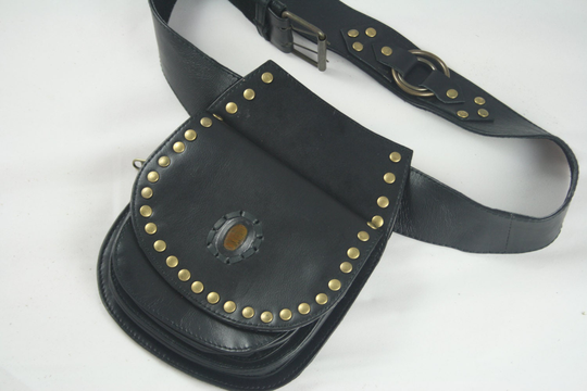 Solid Black Moneybelt, Hipbag, Waistbag Studded Leather With Embedded Gemstone, Festival, Steampunk, Hippie, Gipsy, Travel, Biker, Psywear