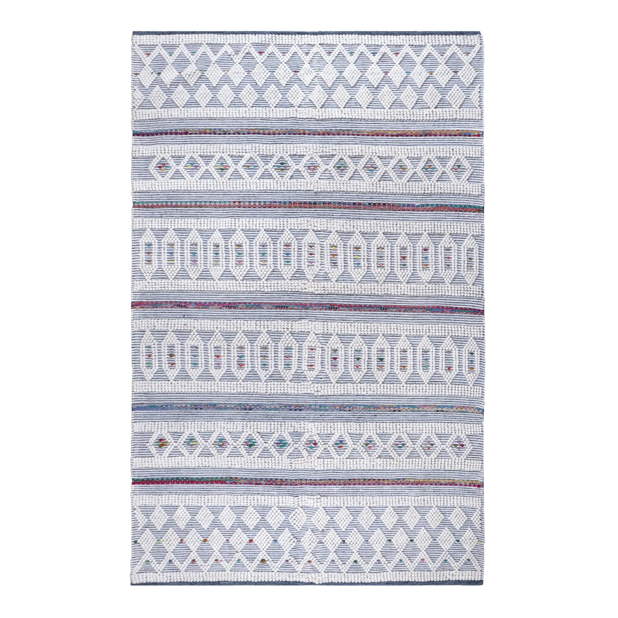 Light Blue and Ivory Diamond Stripe Wool and Cotton Area Rug by World Market