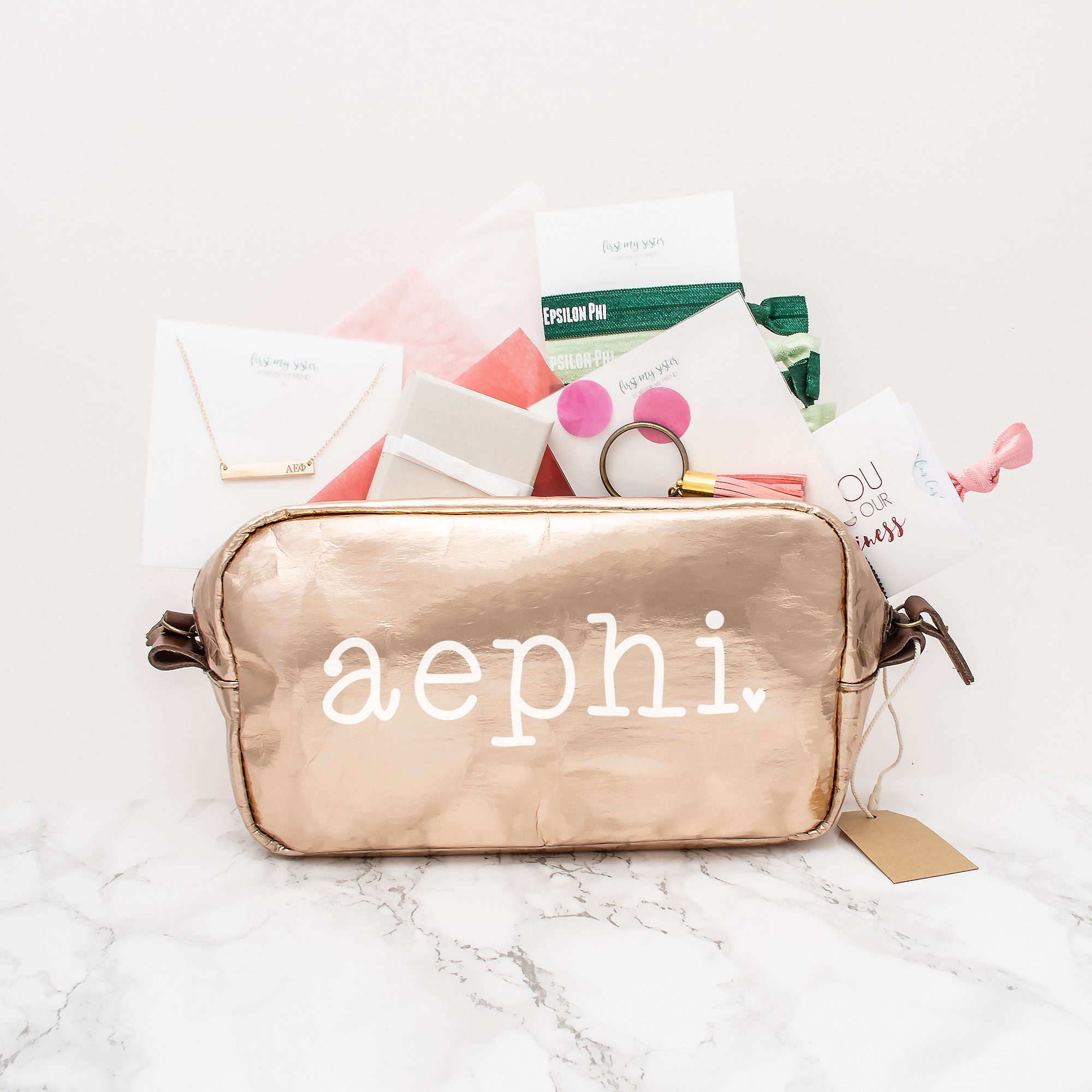 Alpha Epsilon Phi Gift Set, Aephi Sorority Gifts Bundle, Greek Pack With A E Bag, Bar Necklace, Rings, Hair Ties & Keychain