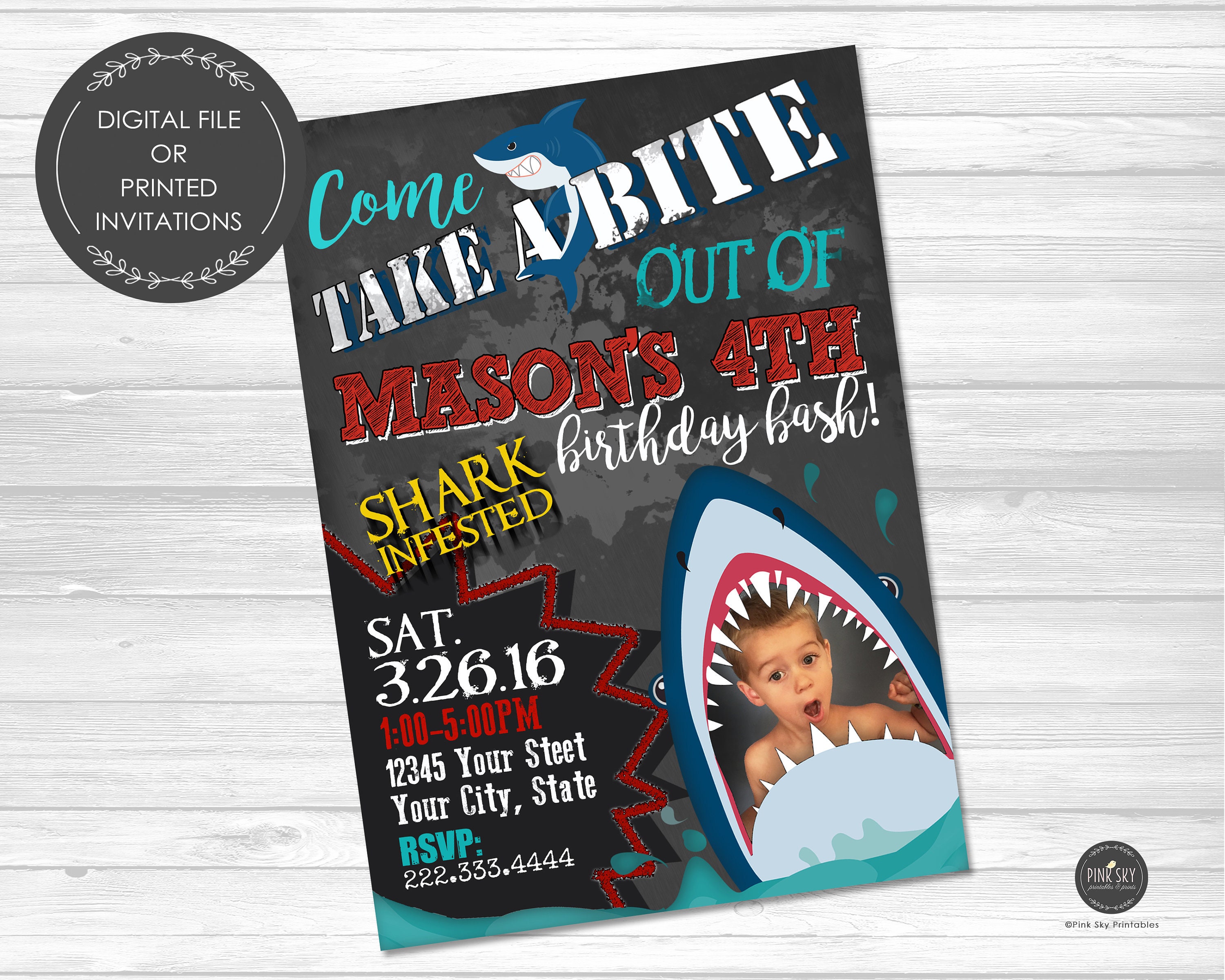 Shark Birthday Invitation, Digital File, Photo Invitation, Party, Printable Or Printed Invitations