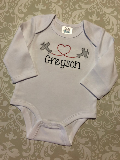Airplane Heart Monogram Valentine Baby Bodysuit, Infant Outfit, Shower Gift For Boy, A Pilot