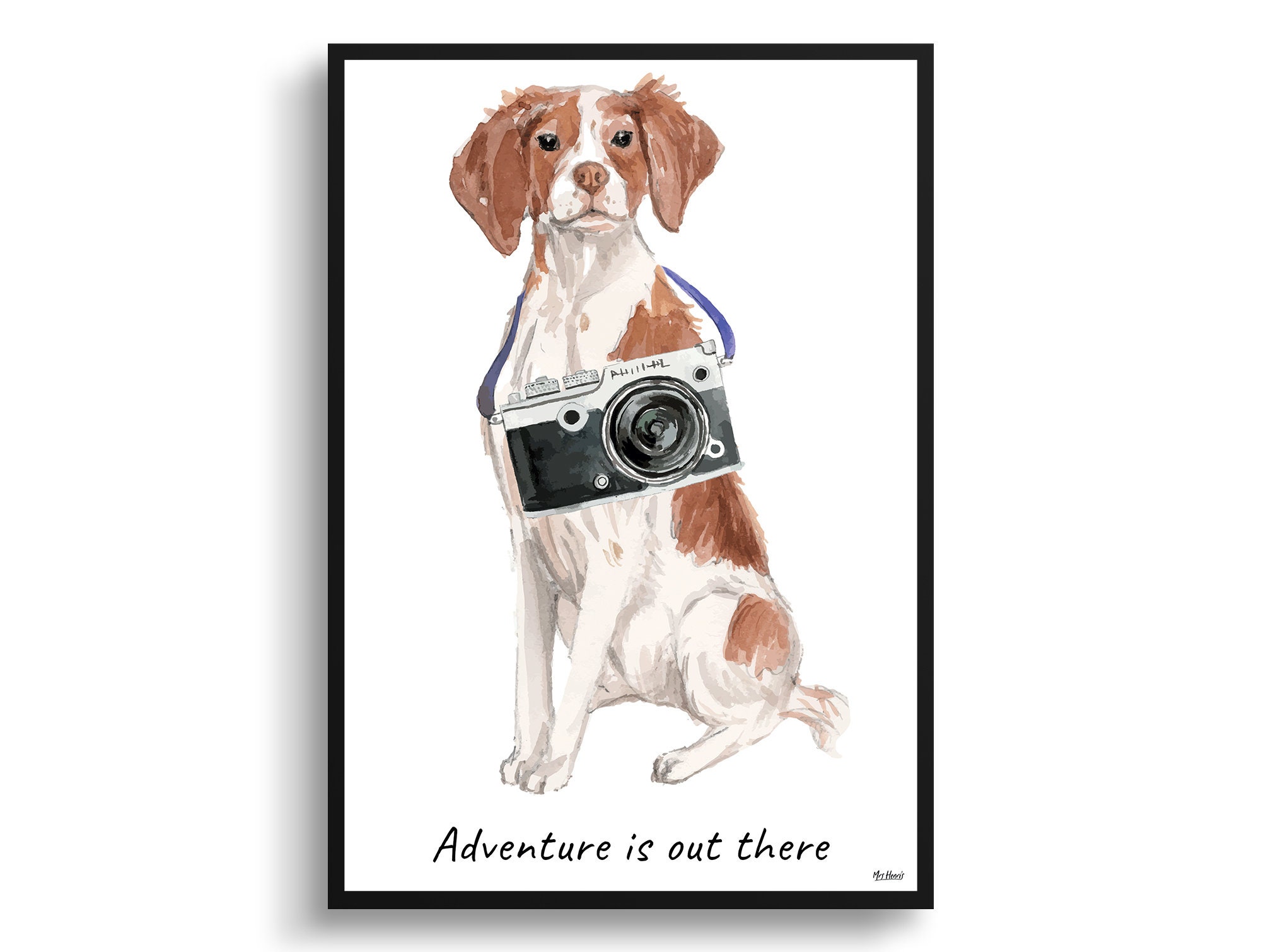 Adventure Is Out There Brittany Dog Print Illustration. Framed & Un-Framed Wall Art Options. Personalised Name. Poster Sizes