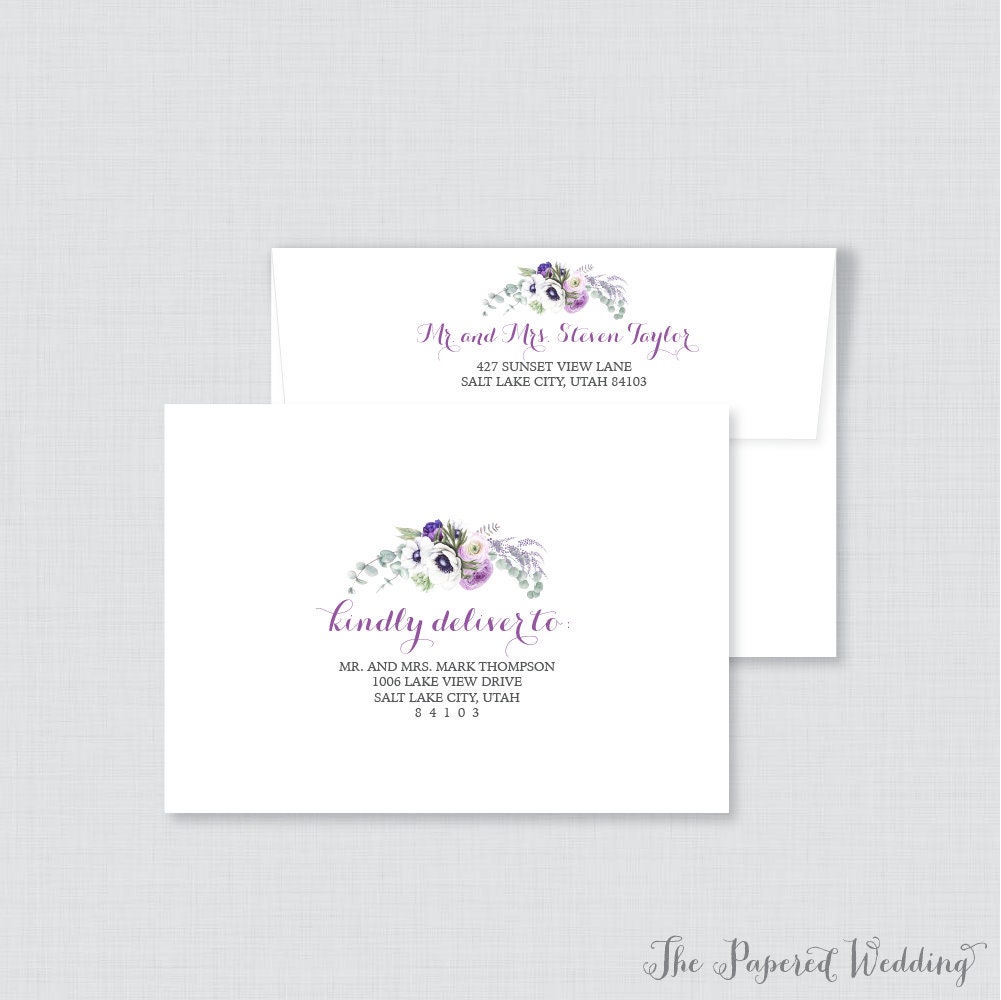 Wedding Envelopes - Printed With Purple Flowers & Calligraphy, Floral Name & Address, Custom 0016