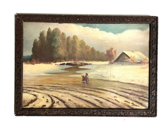 1910S French Oil Painting On Panel. Fields & Farmhouse in Winter. Landscape With Snow