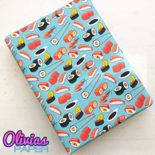 Sushi Bento Set Wrapping Gift Wrap Sheets | Birthday 19x27" Japanese Ramen Kawaii Cartoon Shrimp Tuna Roll