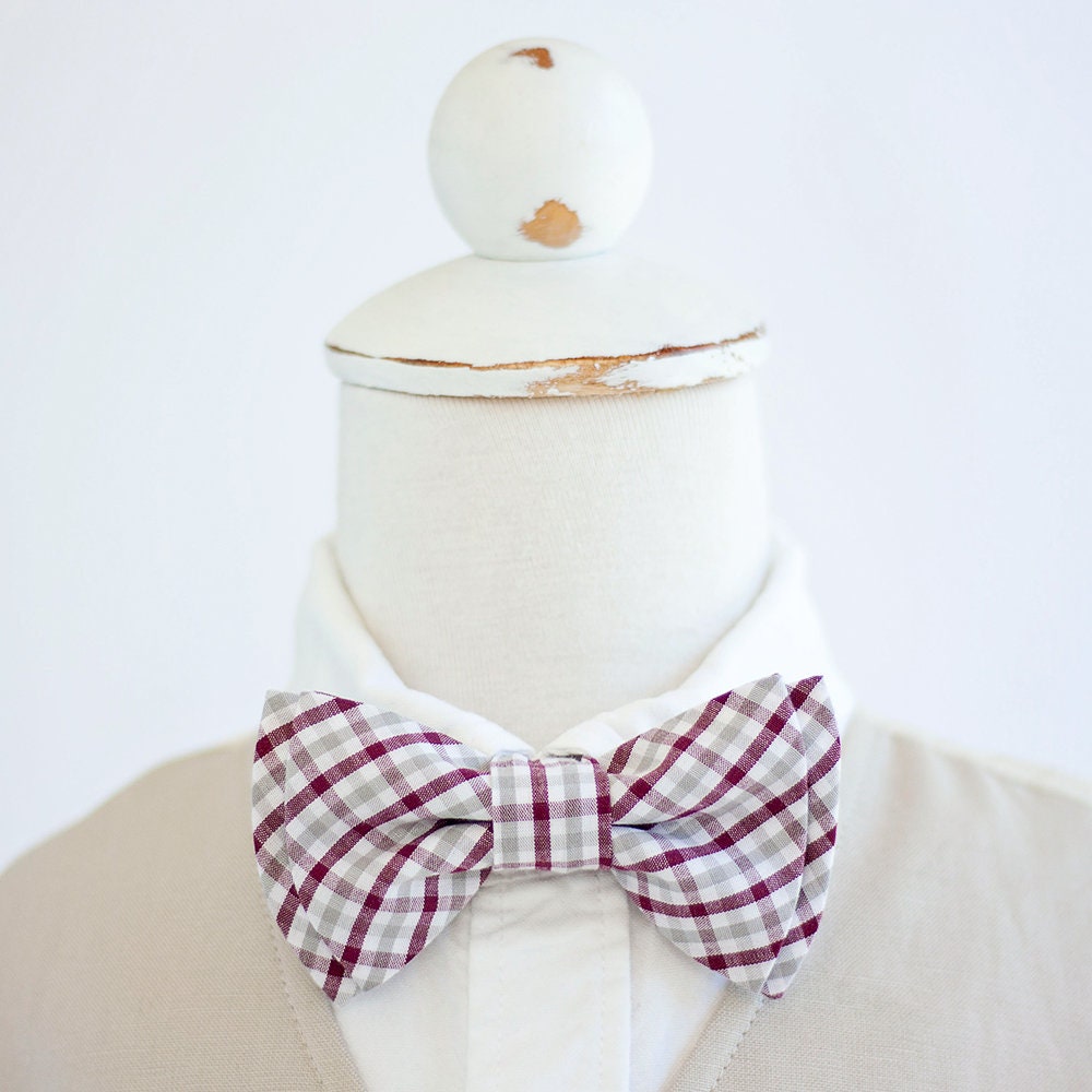 Bow Tie, Boys Ties, Baby Bowtie, Bowties, Ring Bearer, Ties For Boys, Plaid, Tie - Grey & Burgundy Plaid