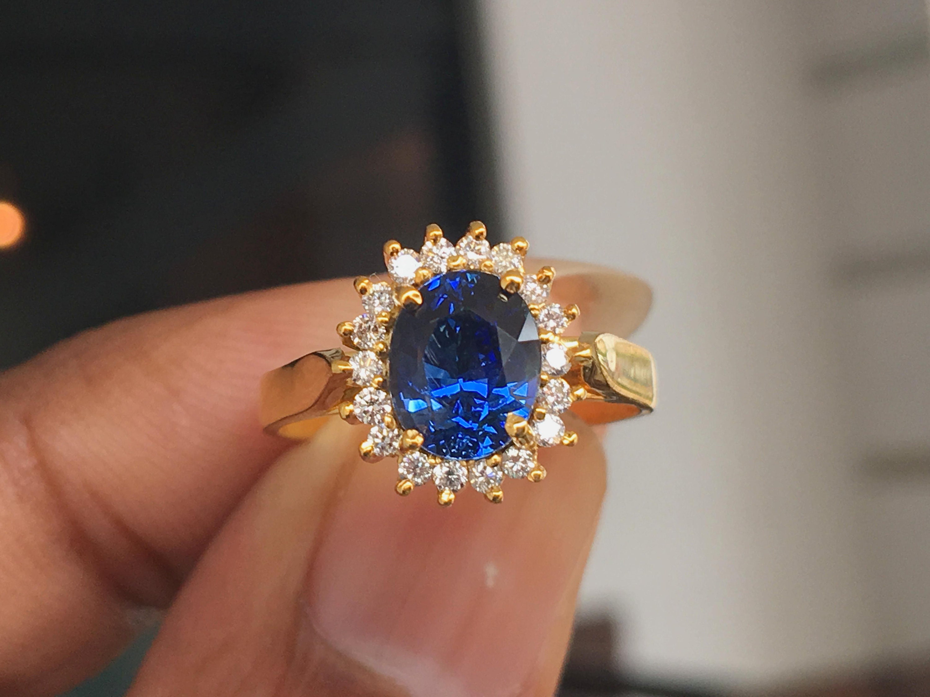 Princess Diana Blue Sapphire Ring With Diamond Halo, 22K Yellow Gold Or 18K White Gold, Handmade Ring|Kate Middleton Ring