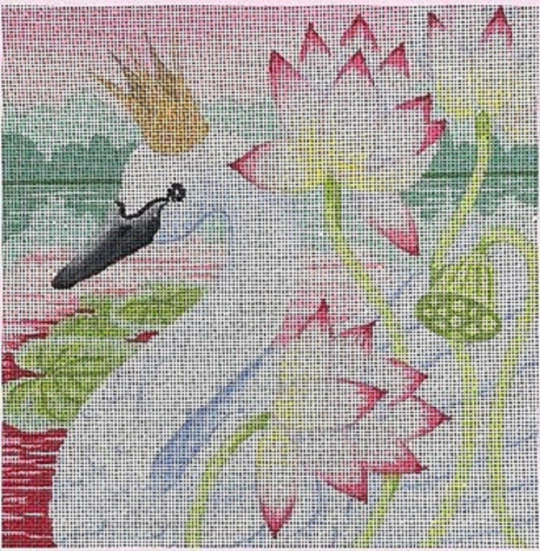 Needlepoint Handpainted Brenda Stofft Swan in Lotus Flower 8x8 -Free Us Shipping