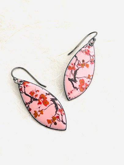Cherry Blossom Earrings, Pink Enamel, Sakura Flowering Branch Womens Cute Earrings