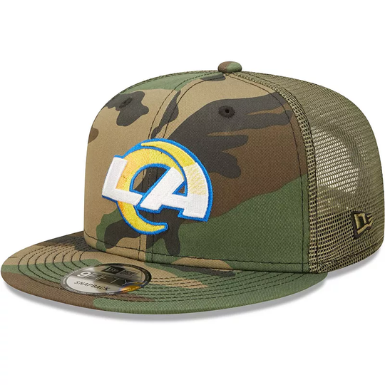 Men's New Era Camo/Olive Los Angeles Rams Trucker 9FIFTY Snapback Hat, Green