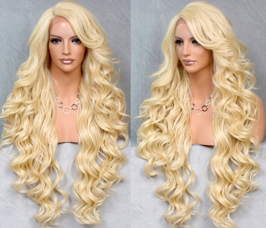 Extra Long Human Hair Blend Lace Front Wig 38" Curly Bleached Blonde Heat Safe Cancer/Alopecia/Theater/Cosplay/Club