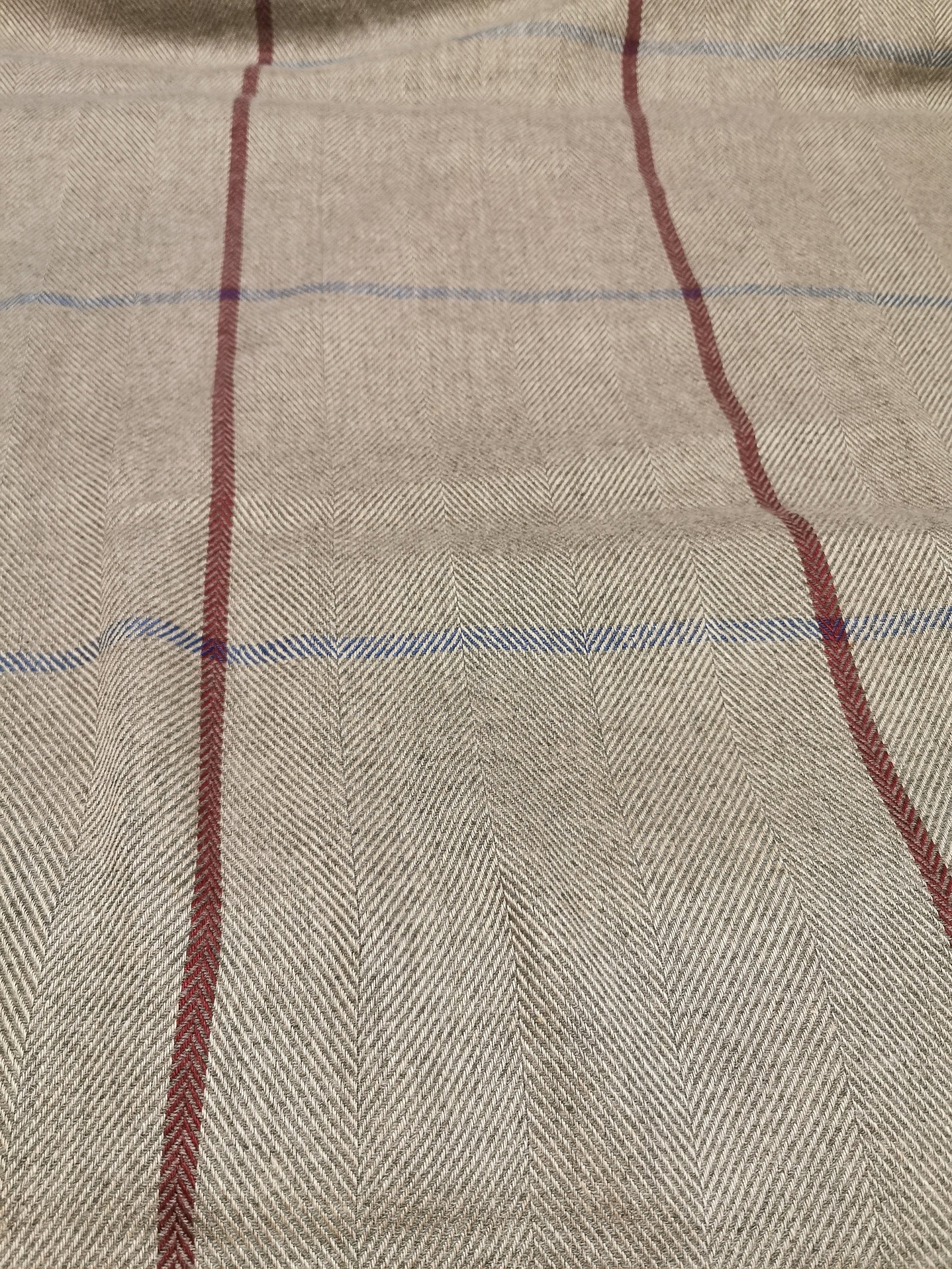 Softened Linen Wool Blend Fabric, Gray Herringbone Pattern, Blue Burgundy Windowpane Checks, 270 Gsm, Washed Fabric By The Yard, Meter
