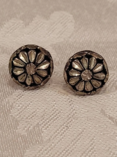 Vintage Diamond Etched Sterling Silver Flower Earrings