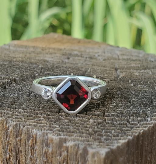 Asscher Cut Deep Red Garnet Bezel Set in Sterling Silver, White Sapphire Accents, Garnet Statement Ring, Ready To Ship Size 6.75