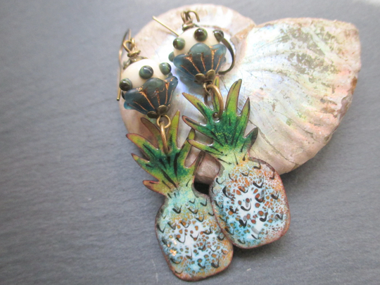 Tropical Pineapples Artisan Enameled Copper Earrings, Bohemian Beachy Fruit Vacation Style, Threewishesstudio