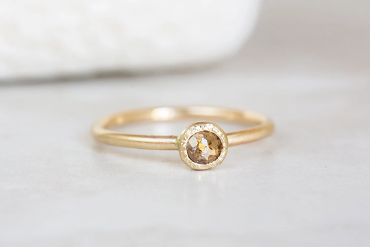 Rose Cut Diamond Ring, Champagne 14K Solid Gold Gold, Brown, Round, Solitaire Natural