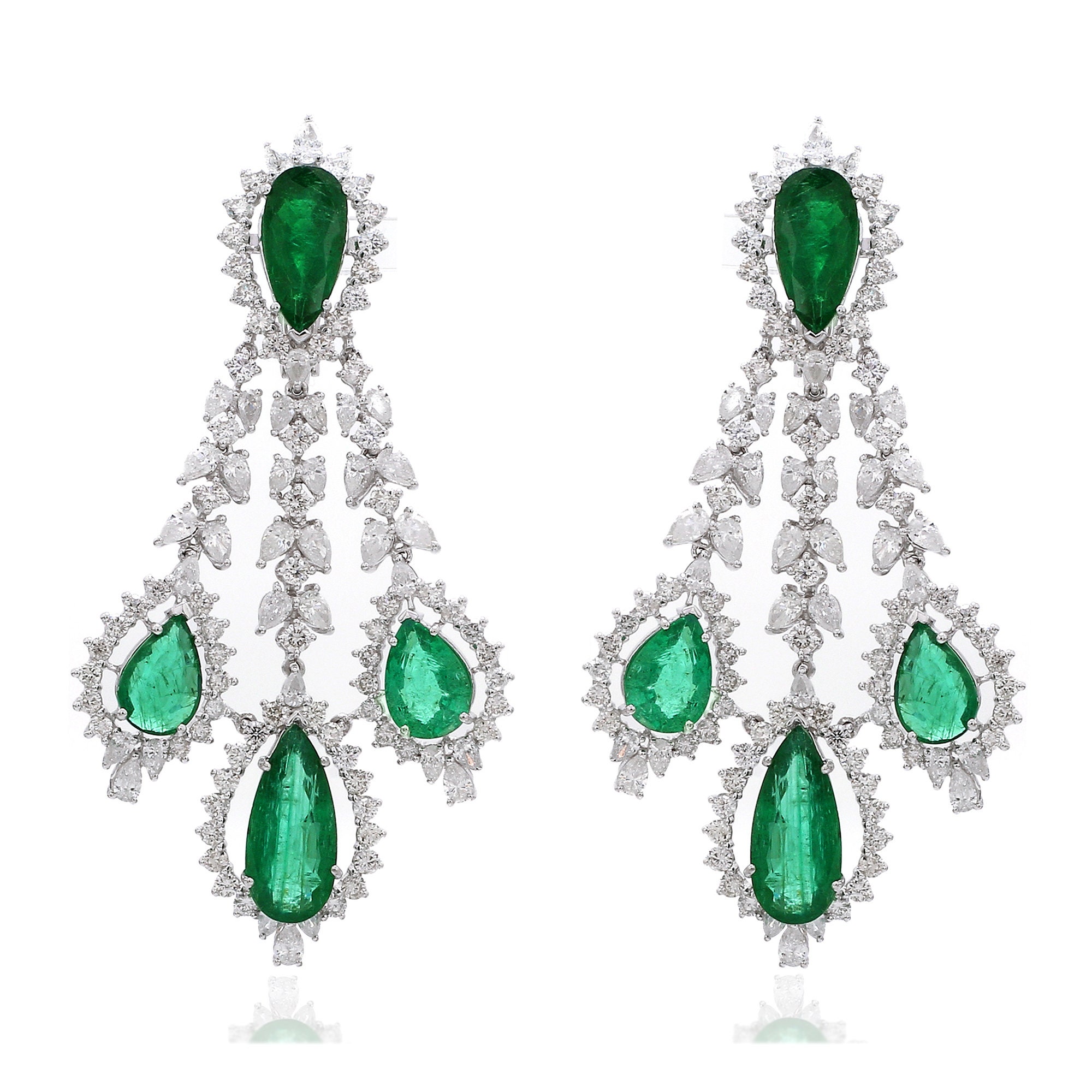 On Sale 18K Gold Natural 36.27 Cts Emerald Diamond Dangle Chandelier Earrings Si Clarity Hi Color Diamonds Gemstone Jewelry