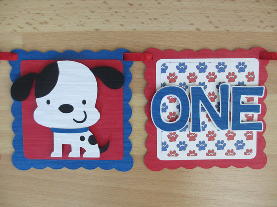 Dog Puppy I Am 1 One Highchair Age Banner Sign Birthday Party Shower Royal Blue Red