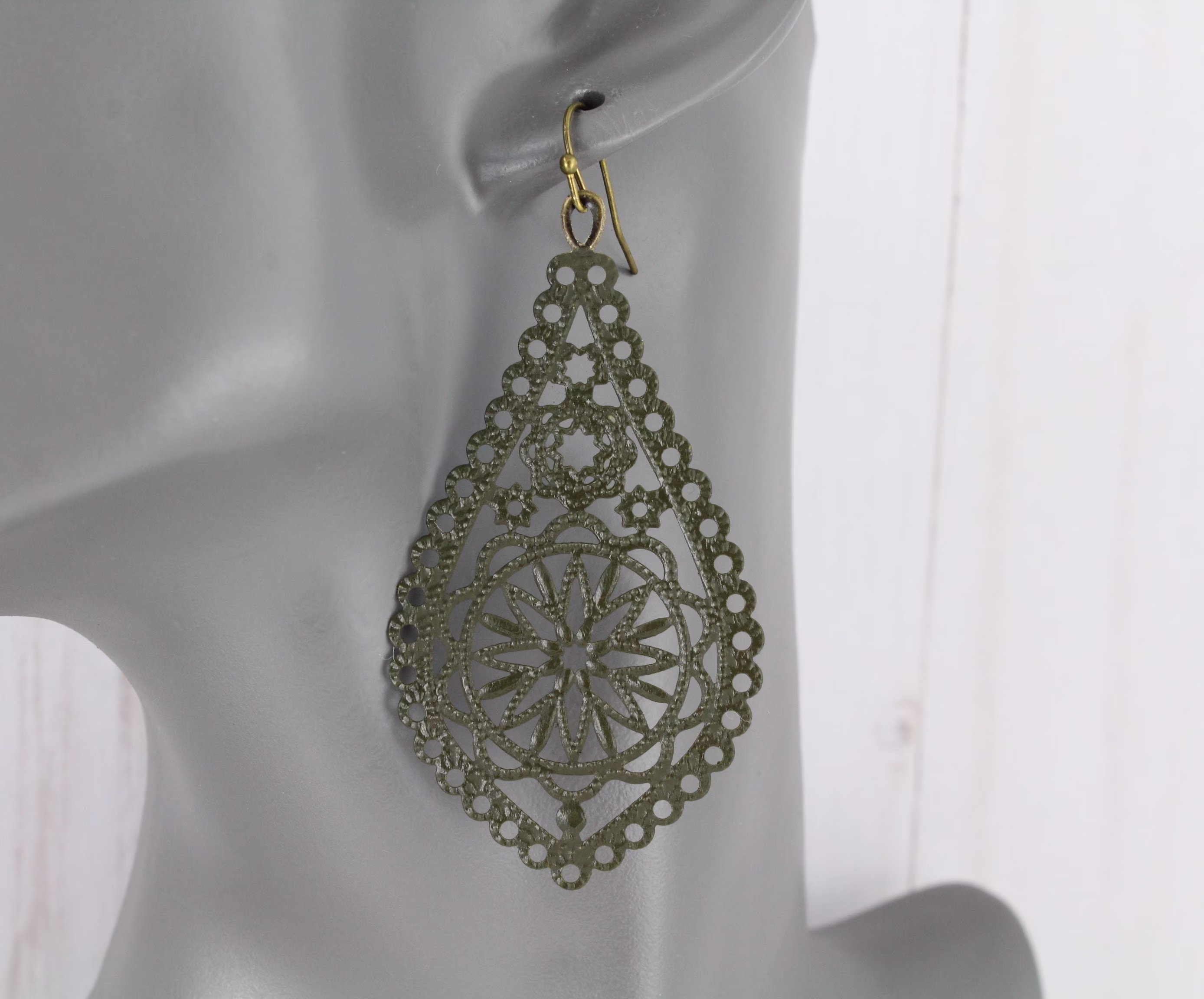 Olive Green Earrings Big Teardrop Medallion Oval Filigree Cut Out Dangle Drop Scroll 3" Long Lightweight Dark Olive Green