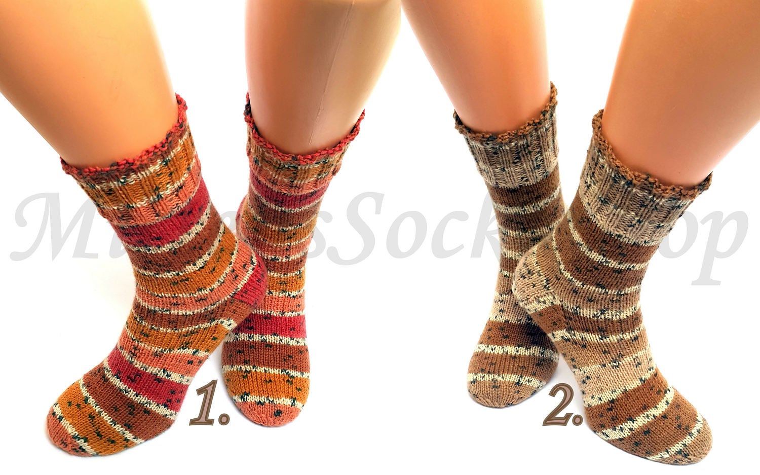 Beige Brown Hand Knitted Socks Striped From Sock Yarn Women's Warm Elegant Colorful Stylish Bright
