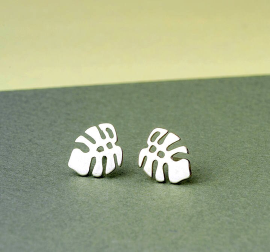 Leaf Earrings in Sterling Silver Monstera Studs Tropical Post Dainty Jewelry Palm Everyday Birthday Gift