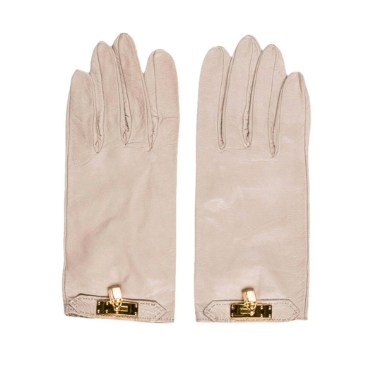 Vintage Hermes Paris Birkin Lock Charm Beige Leather Evening Driving Gloves Size S/M