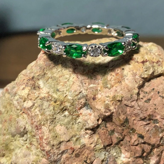 Natural Oval Cut Green Emerald & White Sapphire Full Eternity -stacking Ring