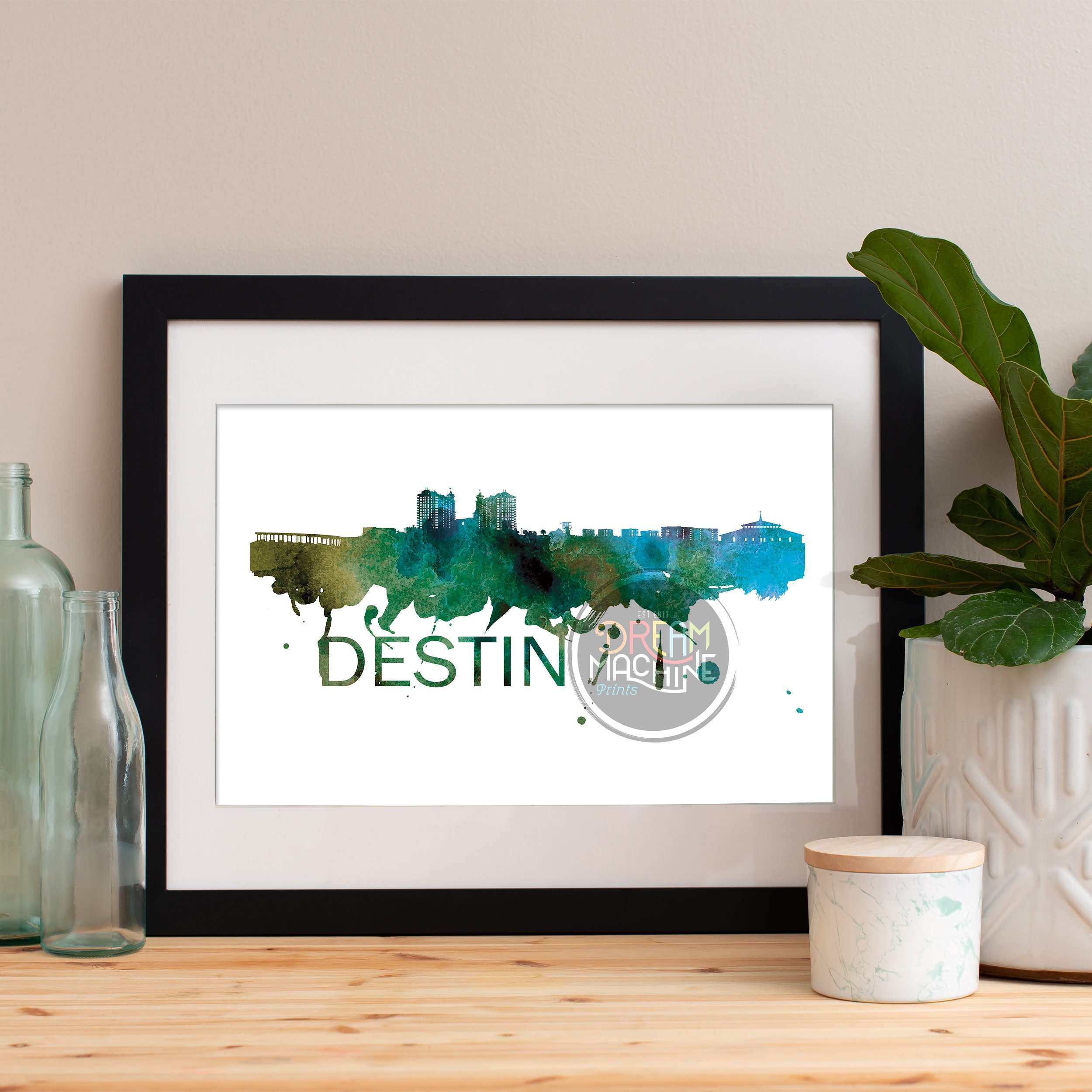 Destin Watercolor Skyline, Art, Poster, Print, Map, Wall Art
