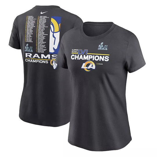 Women's Nike Anthracite Los Angeles Rams Super Bowl LVI Champions Roster T-Shirt, Size: XL, Grey