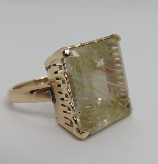 Estate Rutilated Quartz 14K Gold Ring Size 5.75. Large 10Ct Stone