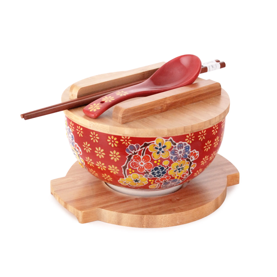 Japanese Spring Flowers Design Kamameshi Style Rice Noodle Bowl With Bamboo Lid Trivet Chopsticks & Porcelain Spoon Set 24 Fl Oz