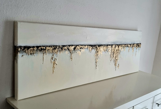 Jean Sanders -150x50cm-strukturbild-Creme, Beige, Gold, Schwarz. Elegante Und Moderne Wanddeko