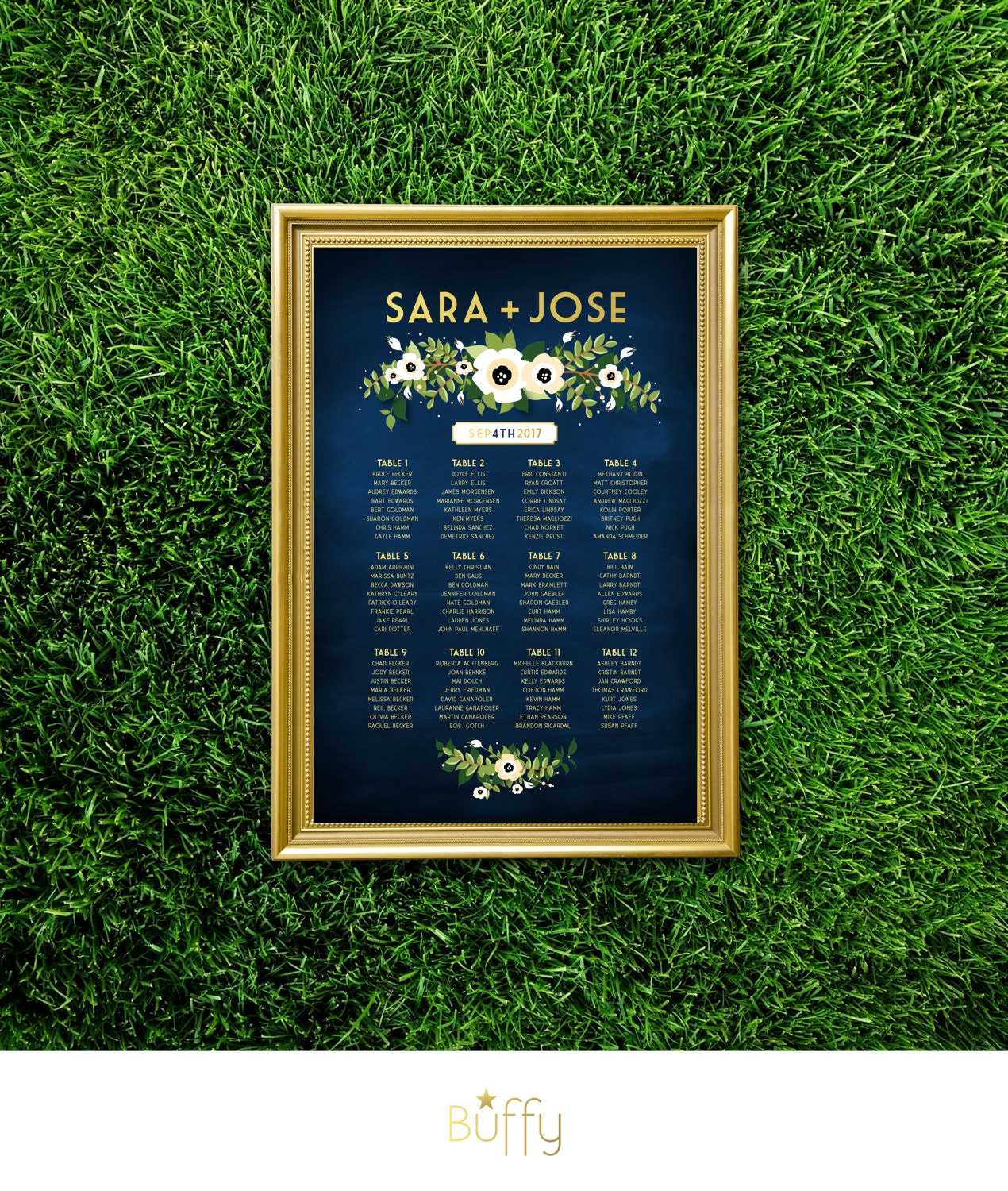 The Alyssa . Seating Chart White Anemone Magnolia Eucalyptus Garland Leaves Sage Emerald Green Gold & Navy Large Printed Wedding Sign