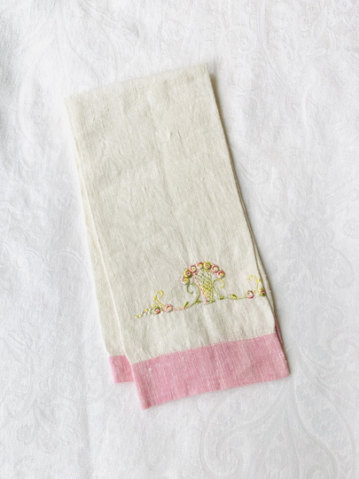Vintage Linen Tea Towel May Basket | Mother's Day Embroidered Pink Trim Gift Basket Items For Mom