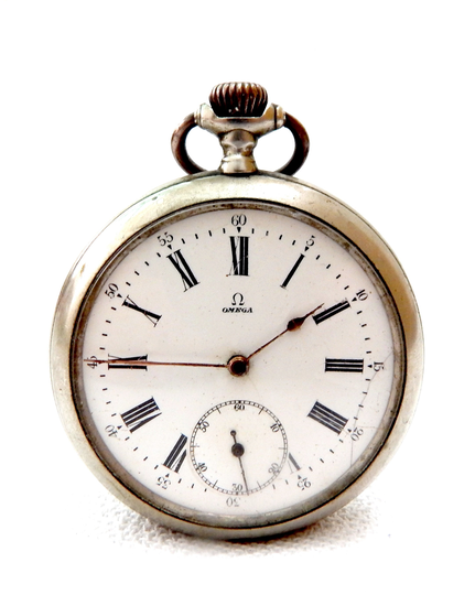 Antique Pocket, Omega Open Face, Hand Winding, Dial Porcelain, Case Stainless Steel, 53mm, 1910C, Working, Gift Birthday, Anniversary Unisex